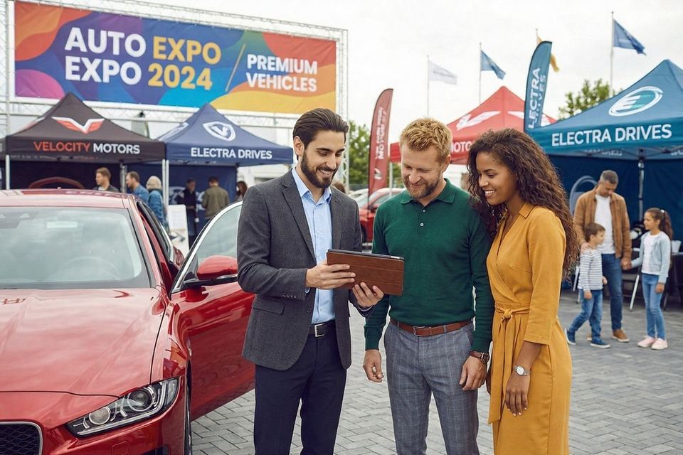 Un vendedor muestra el historial de un auto en una tablet a una pareja, en una feria de vehiculos