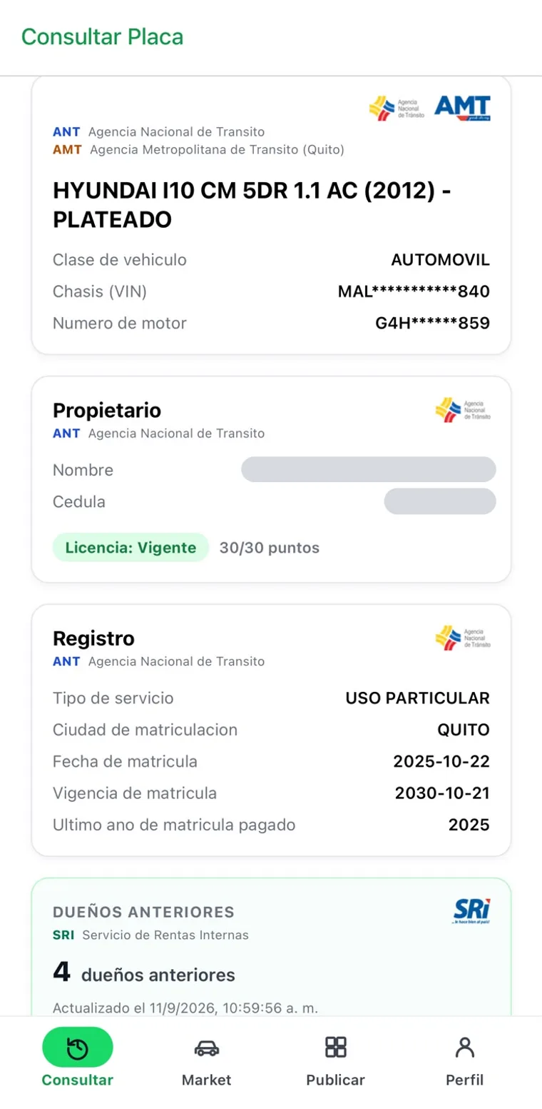 Pantalla del reporte con la marca, modelo, ano, chasis, numero de motor, los datos del propietario y cuantos duenos anteriores tuvo
