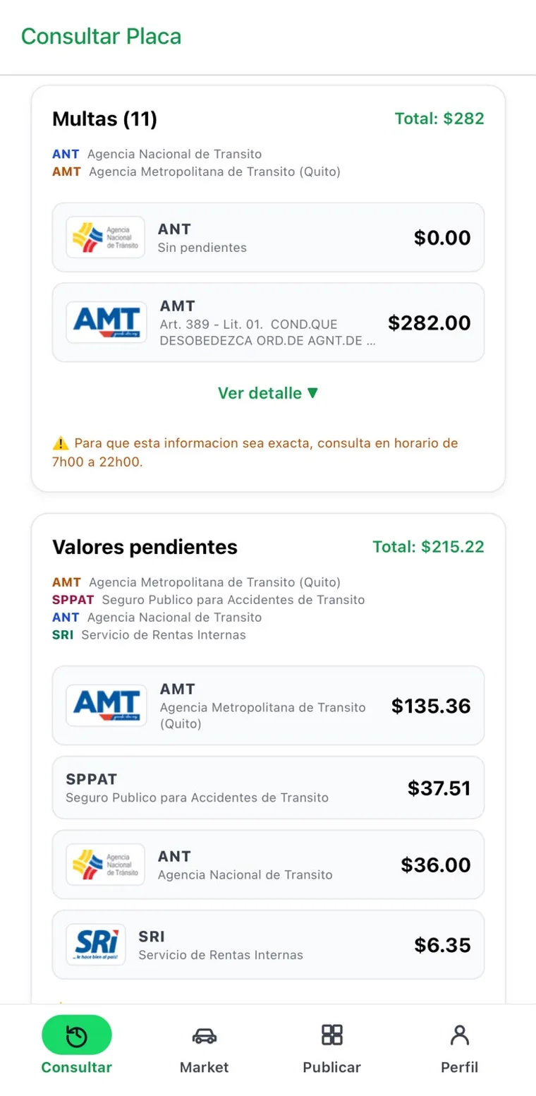 Pantalla del reporte con las multas y los valores pendientes separados por entidad: ANT, AMT, SRI y SPPAT, cada uno con su monto