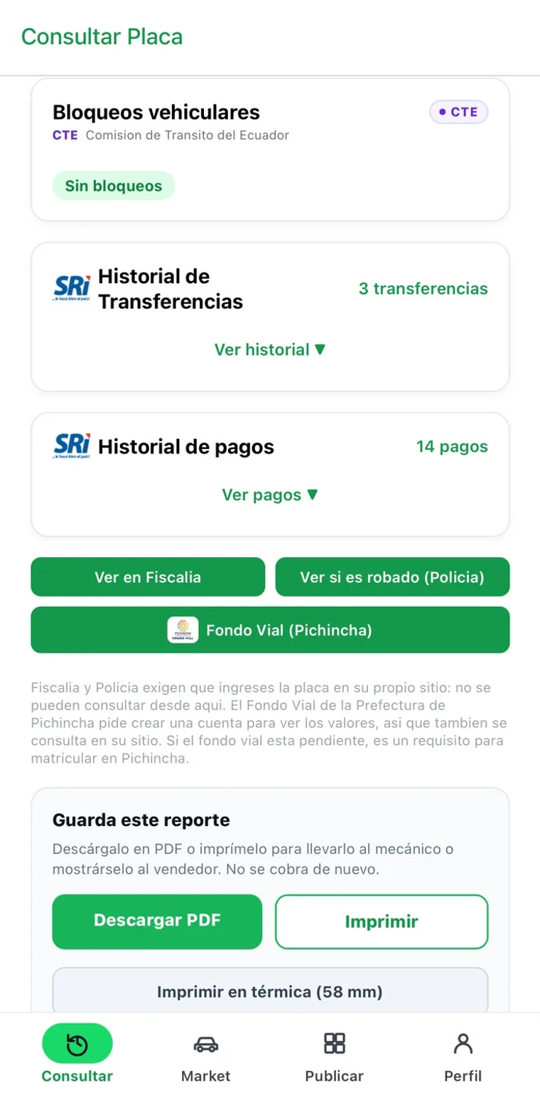 Pantalla del reporte con bloqueos vehiculares, historial de transferencias y de pagos, y los botones para descargar el PDF o imprimirlo
